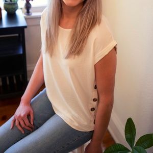 White Button Detail Short Sleeve Top